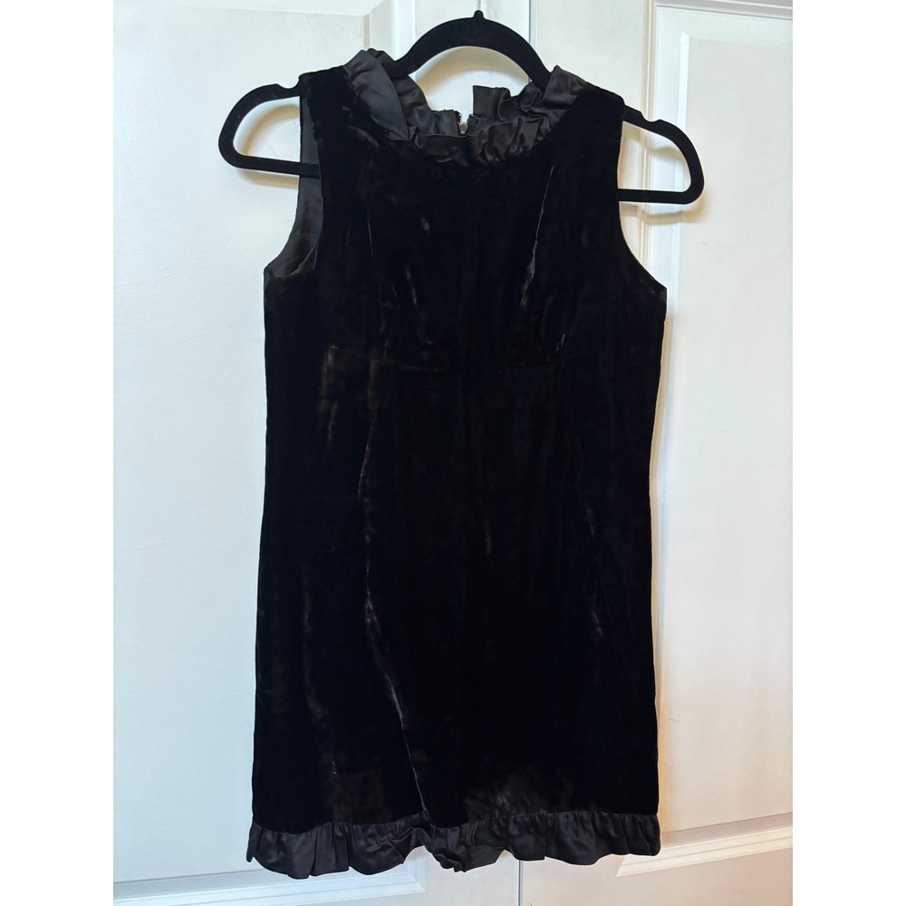 Vintage Jac-Lynn Jrs Black Velvet Satin Ruffle Trim Sleeveless Mini Shift Dress
